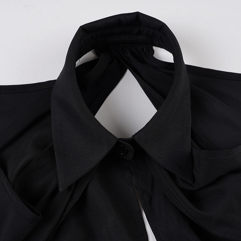 Gothic Off-Shoulder Blouse - Bell Sleeve Button-Up Shirt with Waist Tie | Free Shipping