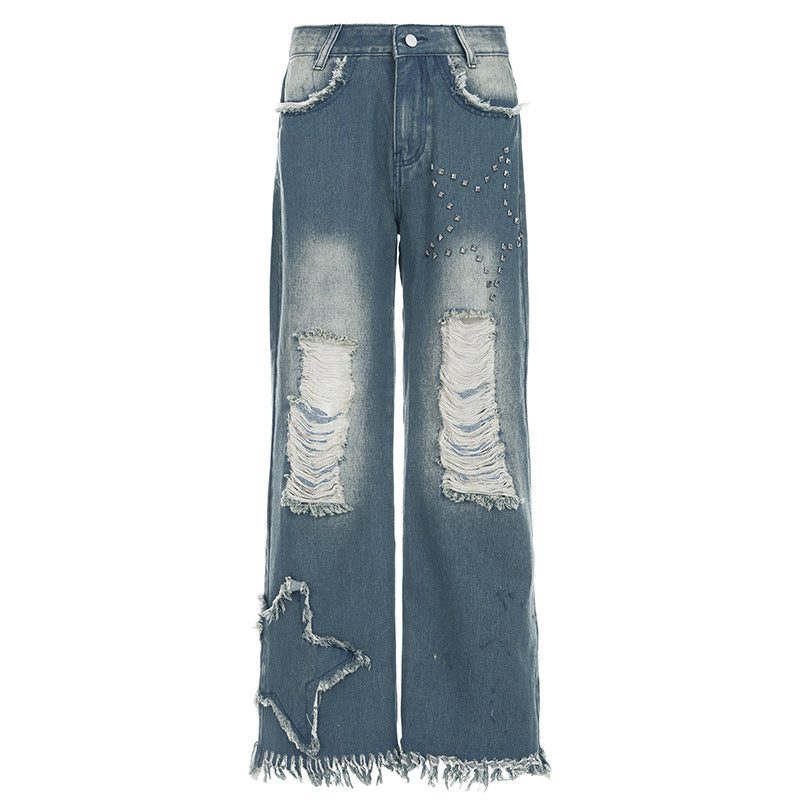 Distressed Flare Jeans - Star Studded Wide-Leg Pants |Crypto Payments