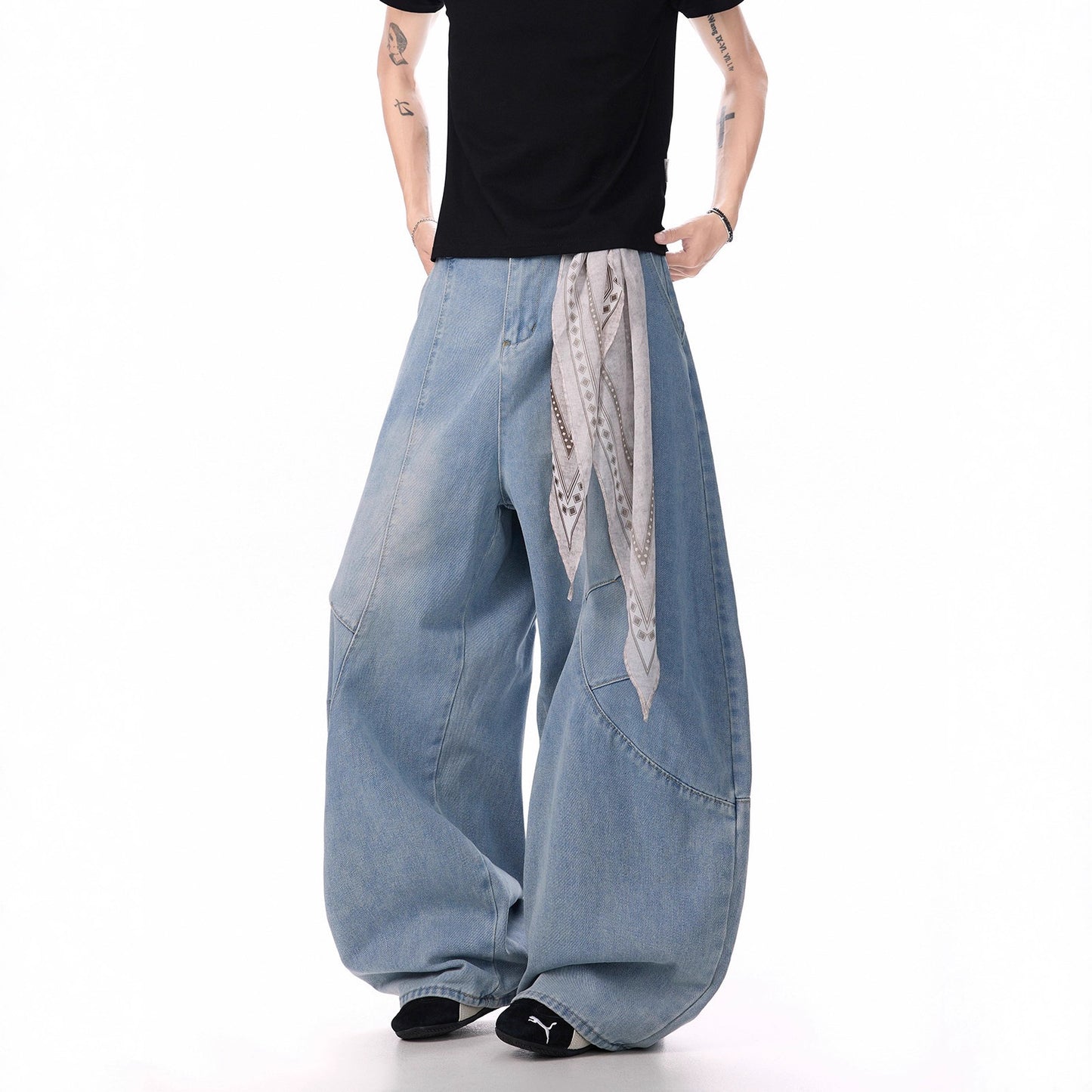 Deconstructed Bandana Wide-Leg Jeans – Unisex Summer Streetwear | Scimitar Cut | Free Shipping | Crypto Payments Accepted