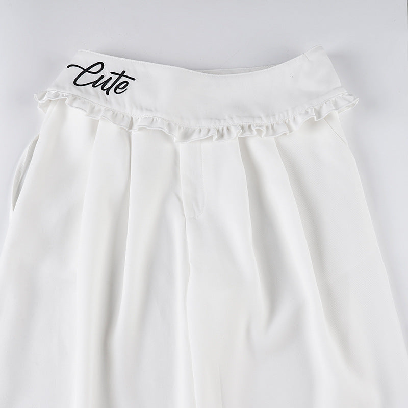 Lace Trim Wide-Leg Pants - Embroidered Waist Trousers | Crypto Payments