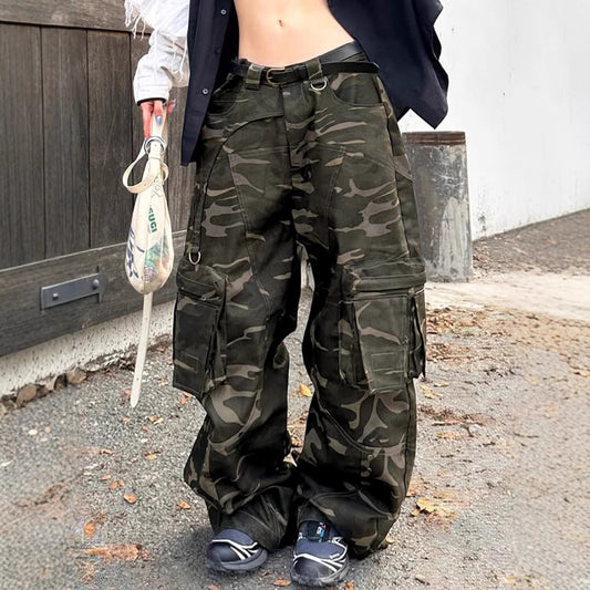 Retro Camo Cargo Pants - Women's Low-Rise Streetwear Trousers | Free Shipping