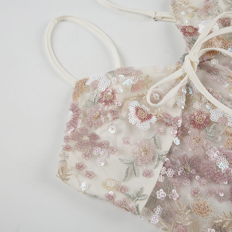 Top de malha transparente com lantejoulas - saída de praia sexy com cadarço | Frete grátis