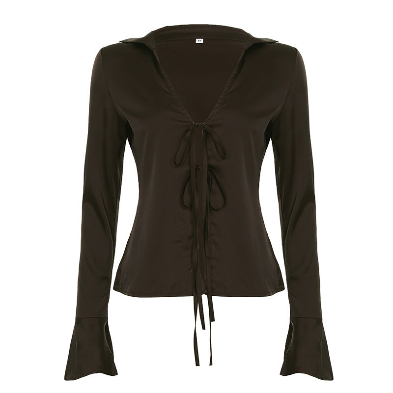 Tie-Front Bell Sleeve Blouse - Sexy Crop Top |Free Shipping |Crypto Payments