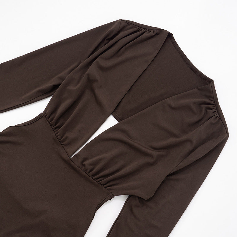 Sexy Deep V Backless Cutout Bodysuit - Black/Brown | Women's Tight Jumpsuit