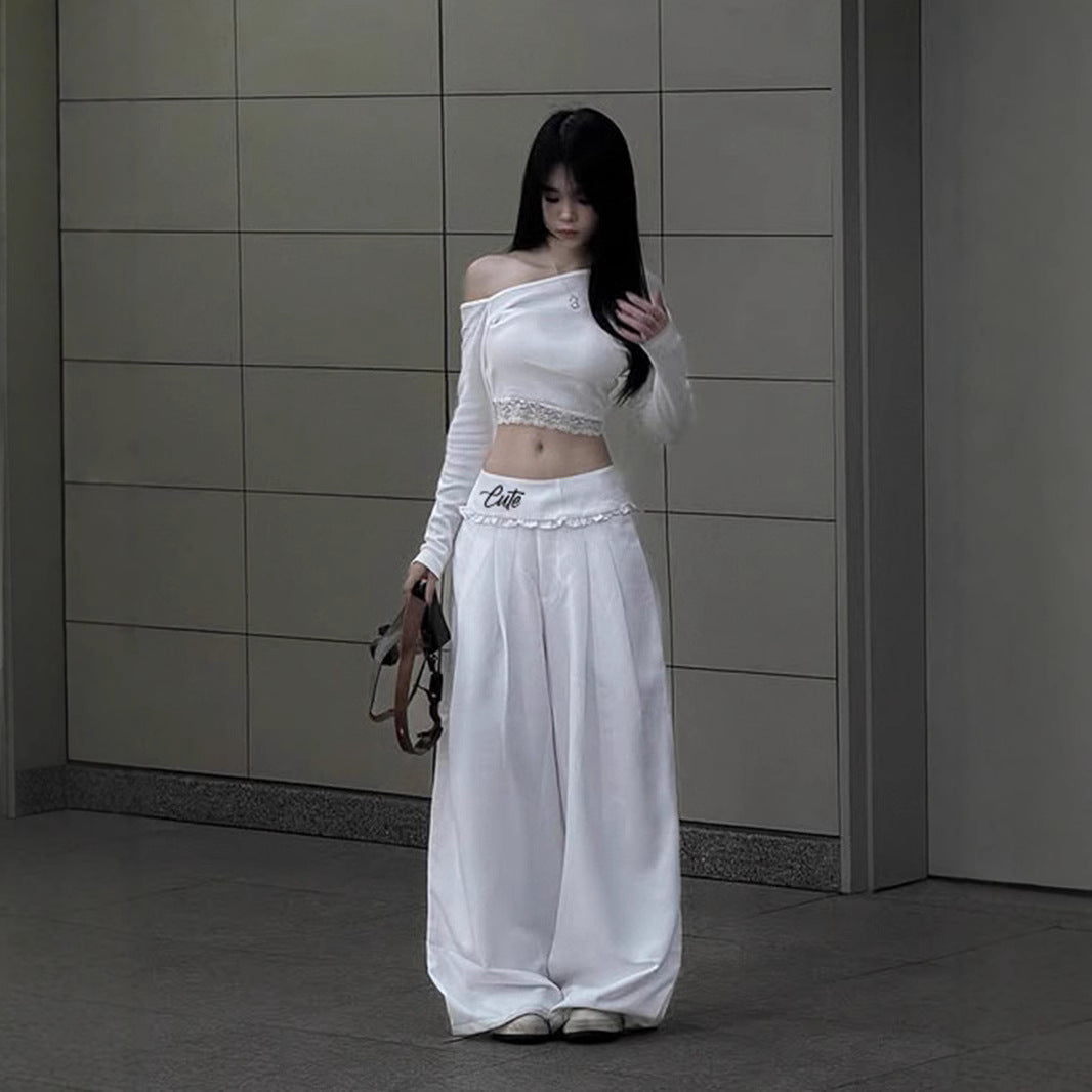 Lace Trim Wide-Leg Pants - Embroidered Waist Trousers | Crypto Payments