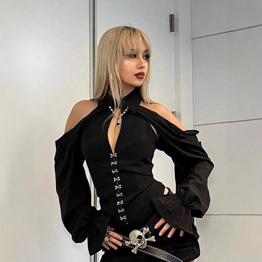 Gothic Off-Shoulder Blouse - Bell Sleeve Button-Up Shirt with Waist Tie | Free Shipping