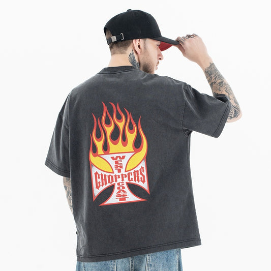 Vintage Flame Letter T-Shirt | Washed Black Hip-Hop Tee | Oversized Fit | Free Global Shipping | Crypto Accepted