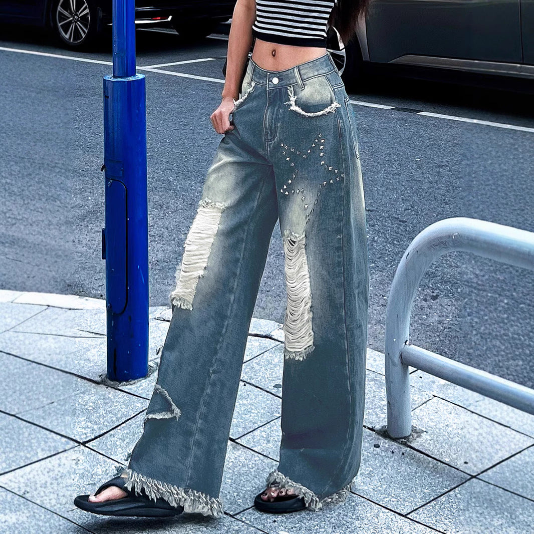 Distressed Flare Jeans - Star Studded Wide-Leg Pants |Crypto Payments
