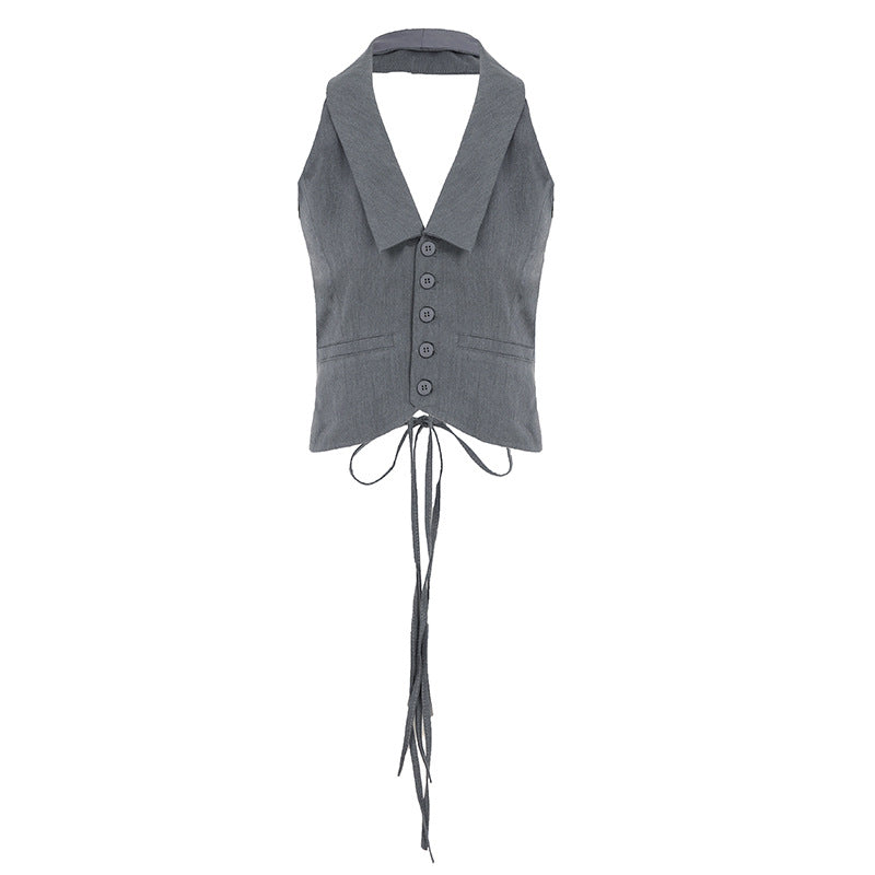 Y2K Office Outfit - Backless Vest & Low-Rise Leather Pants Set| Free Shipping| Crypto Payments
