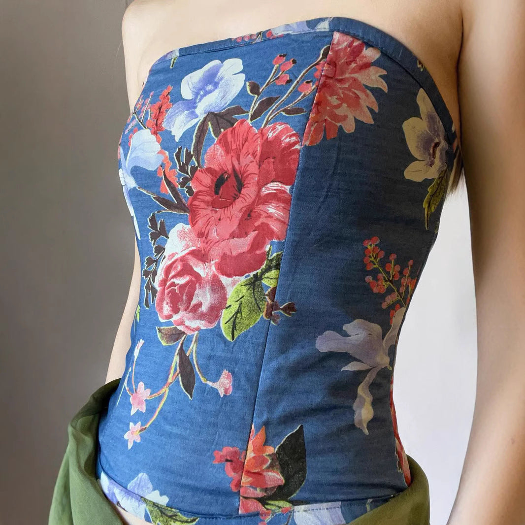 Vintage Floral Print Bustier Crop Top – Stretchy Feminine Layering Piece | Crypto Payments Accepted