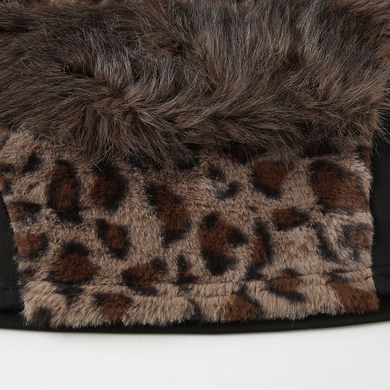 Leopard Print Faux Fur Crop Top - High Neck Cold-Shoulder Bustier | Free Shipping|Crypto Payments