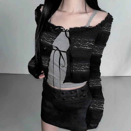 Y2K Sheer Mesh Cover-Up - Sweet & Sexy Tie-Front Long Sleeve Top | Free Shipping"
