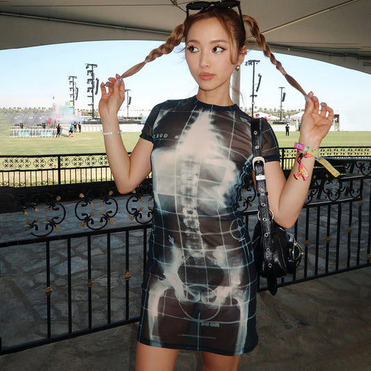 Black Mesh Bodycon Dress – Digital Print High Waist Sheer Street Style | Free Shipping | Crypto Pay