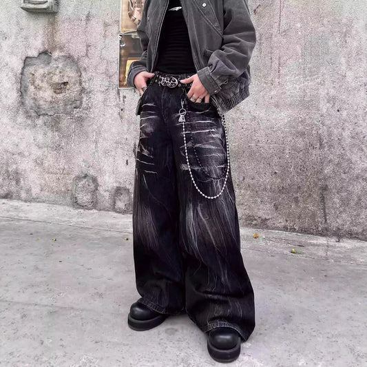 Retro Vibe Washed Black Lightning Jeans, Unisex High-Street Wide-Leg, Free Shipping, Crypto Pay