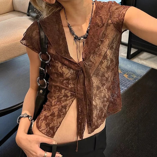 Lace Collar Mesh Top - Sweet & Sexy Tie-Front Crop Tee | Free Shipping| Crypto Payments