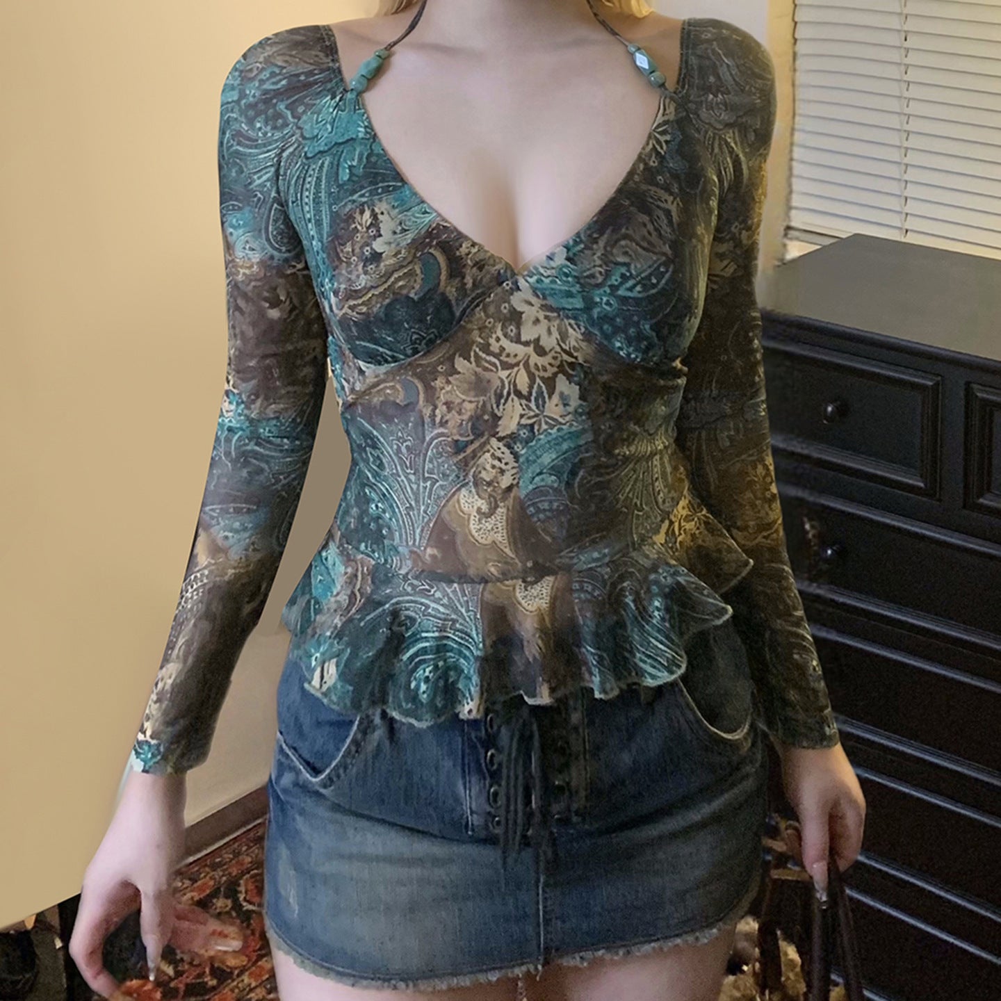 Vintage V-Neck Blouse - Flounce Hem Tie-Front Top| Crypto Payments