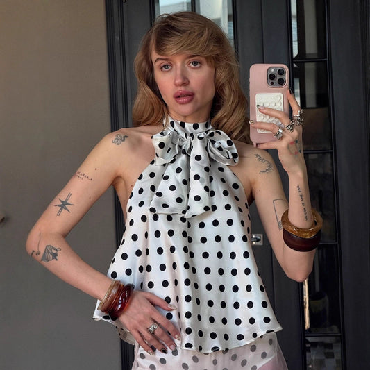 Sexy Polka Dot Halter Top - French Bow Tie Backless Blouse | Free Worldwide Shipping | Crypto Pay