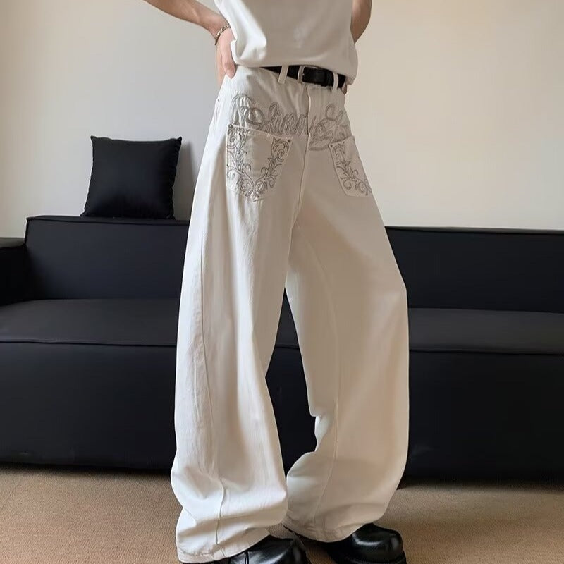 Washed White Scimitar Jeans – Men’s Vintage Reverse Design with Embroidered Pockets | Loose Fit | Free Shipping | Crypto Accepted
