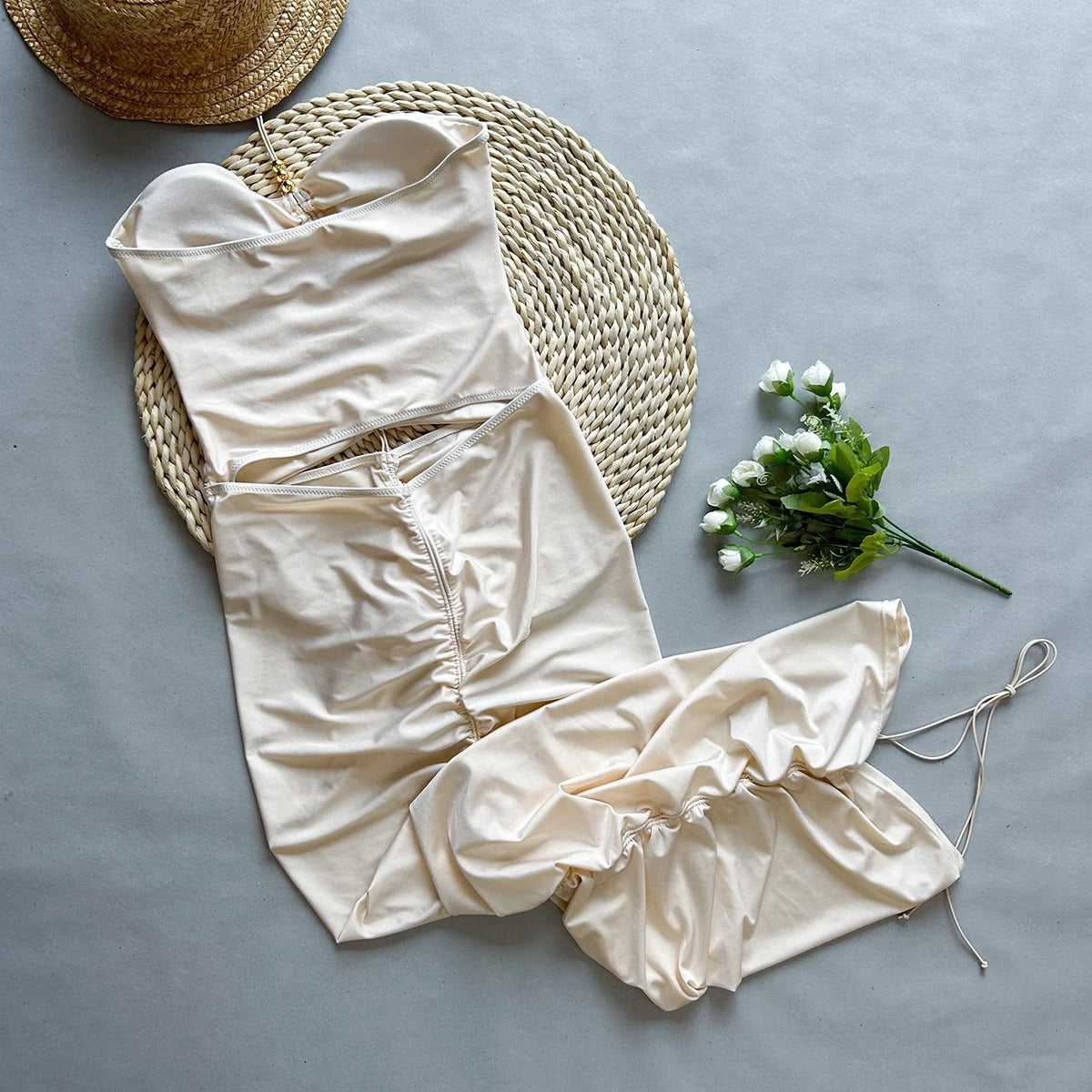Sexy Solid Color Bikini Swimsuit with Beach Long Skirt - Free Global Shipping & Crypto Pay.