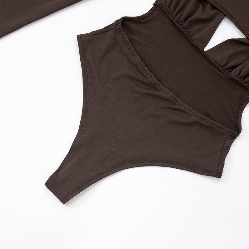 Sexy Deep V Backless Cutout Bodysuit - Black/Brown | Women's Tight Jumpsuit