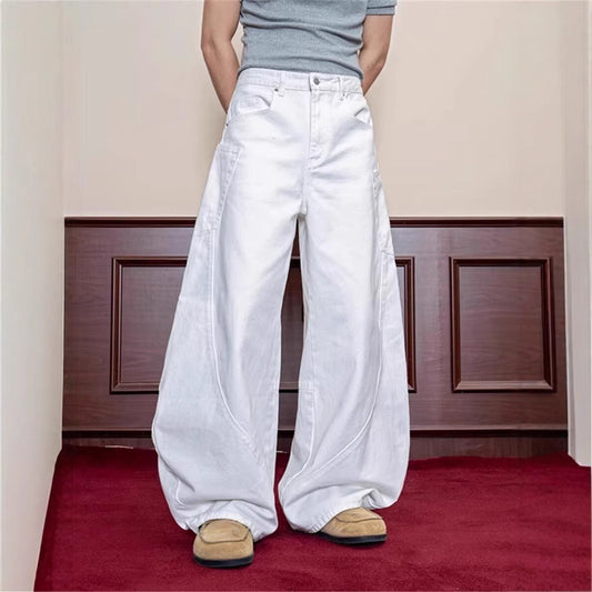 White Retro Scimitar Jeans for Men – Wide-Leg Streetwear Pants with Big Pockets | Free Shipping | Crypto Accepted