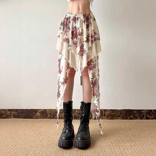 Y2K Mesh Midi Skirt - Vintage Floral Asymmetrical Design Crypto Payments