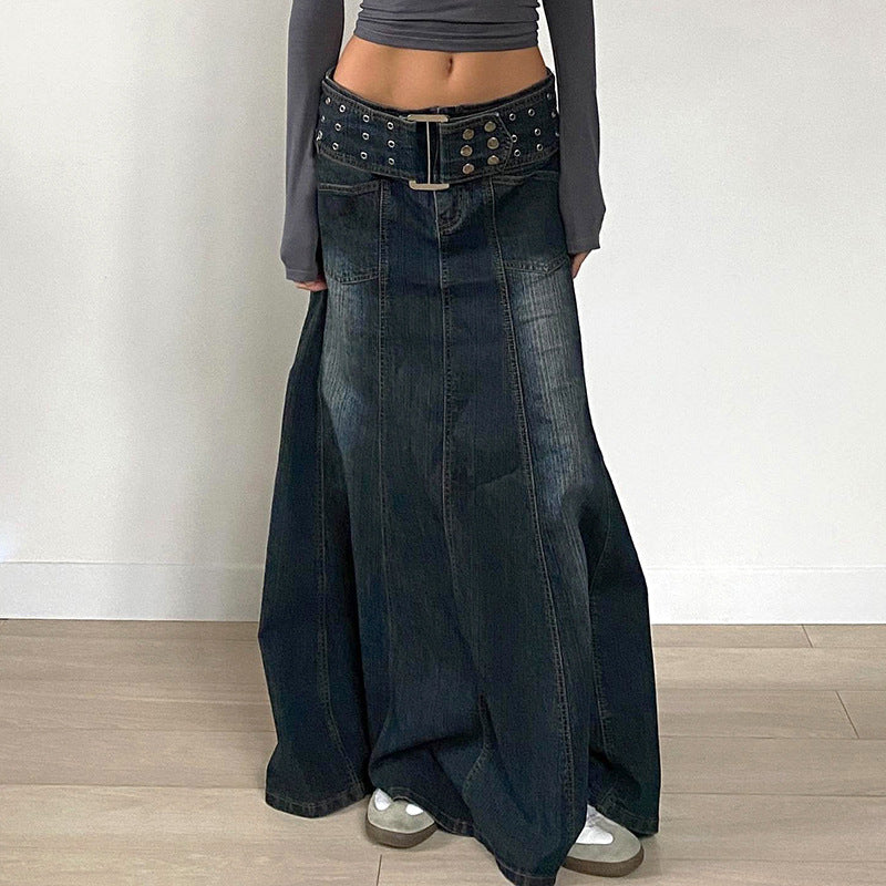 Vintage Eyelet Denim Maxi Skirt - Distressed Belted A-Line Skirt | Free Shipping|Crypto Payments