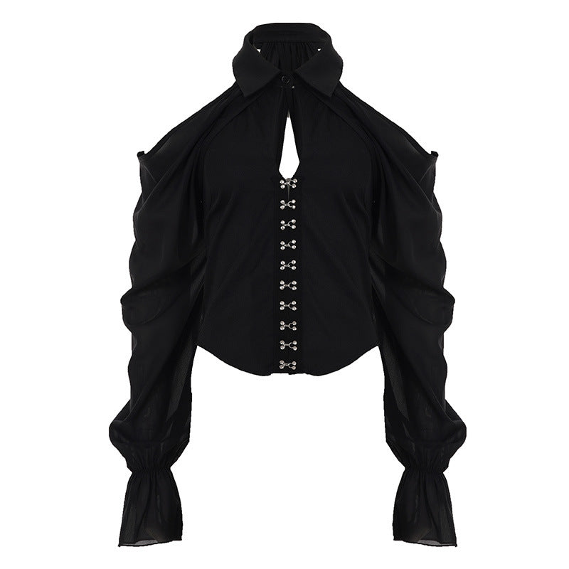 Gothic Off-Shoulder Blouse - Bell Sleeve Button-Up Shirt with Waist Tie | Free Shipping