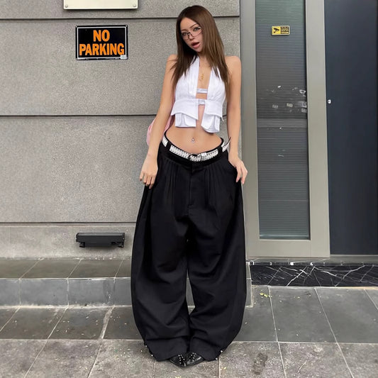 Streetwear Cargo Set - Y2K Halter Tie-Up Top &amp; Wide-Leg Pants | Free Shipping
