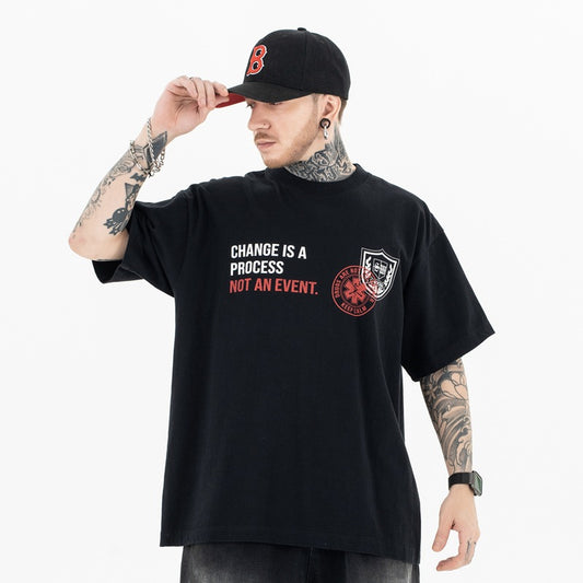 Badge Letter Print Streetwear Tee | Men’s Loose Fit T-Shirt | Black & White | Free Shipping | Crypto Payment