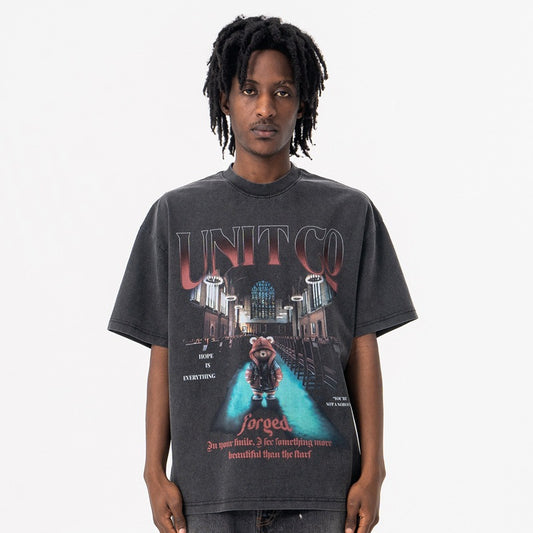 Stage Bear Print Tee - Heavyweight Vintage Washed Cotton Streetwear Top